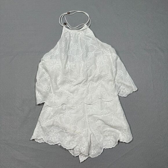 Petal & Pup Pants - Petal and Pup Halter‎ Romper Womans 6 White Eyelet Ruffle Scallop High Neck